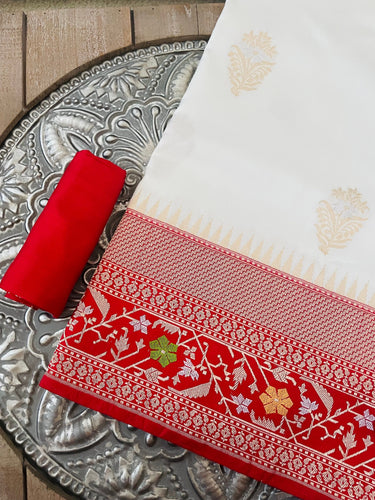 Banarasi Katan Silk Saree | Kadwa weave | Off White & Red | Gold and Silver Zari | Handwoven | Silk Mark Certified | Ships from California